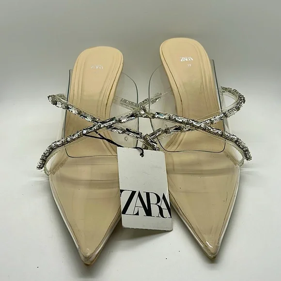 Zara Glitzy See Through Pointed Toe Jeweled Sandals Shoes **Sz 38/US Sz 8** 🔥🔥 - Picture 2 of 5